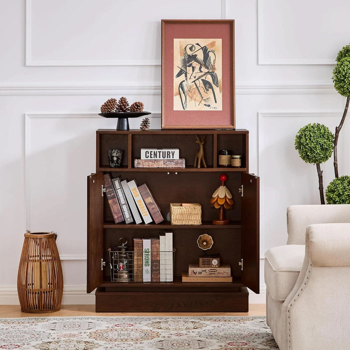 Wooden Sideboard Buffet Cabinet with Open Storage & Adjustable Shelves,Farmhouse Narrow Entryway Cabinet with Socket Hole & Anti‑Tip Kit,Slim Accent Cabinet for Small Spaces (Walnut 31.7")