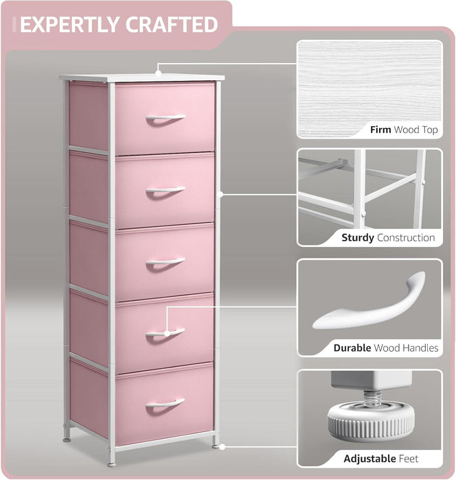 Fabric Dresser for Kids Bedroom - Chest of 5 Drawers, Tall Storage Tower, Clothing Organizer, for Closet, for Playroom, for Nursery, Steel Frame, Fabric Bins - Wood Handle (Pink)