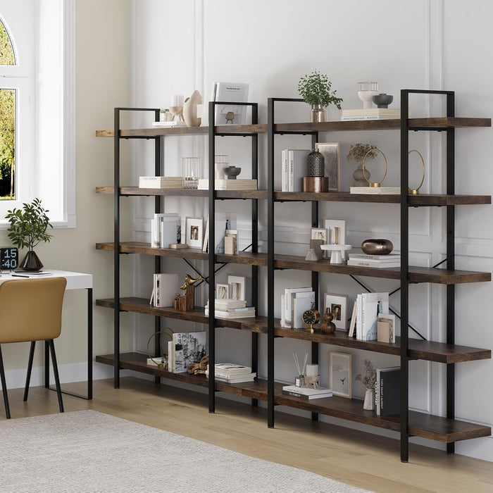 Heavy Duty 5 Tier Industrial Bookcase for Home Office, Rustic Brown | 47" Wide Wood Bookshelf,120 Lbs Shelf Capacity, Rustic Open Shelving Display,3Cm Upgraded Thicken Board,Easy to Assemble