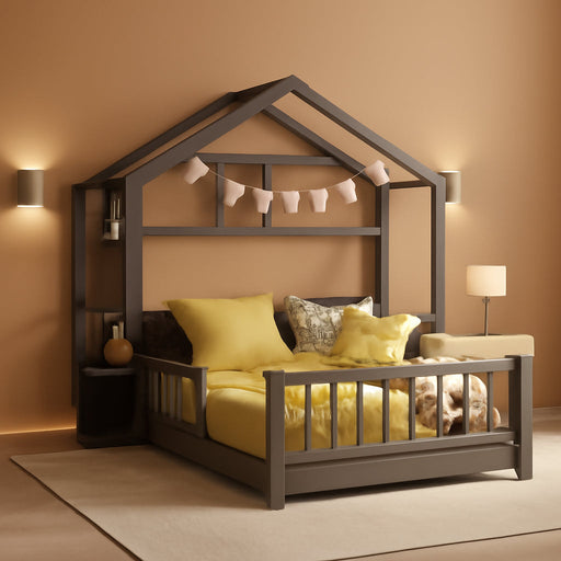 Twin House Bed With Fence Railings GrayFinishPineWood