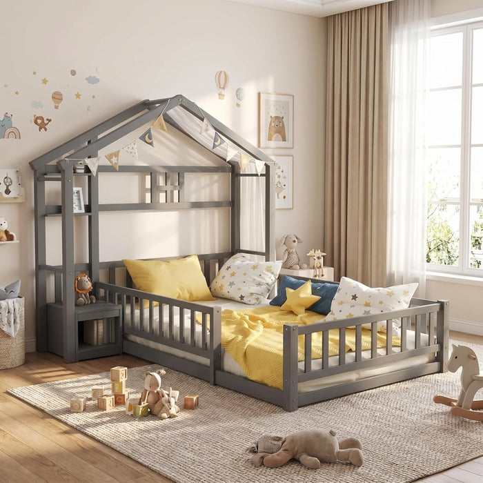Twin House Bed With Fence Railings GrayFinishPineWood