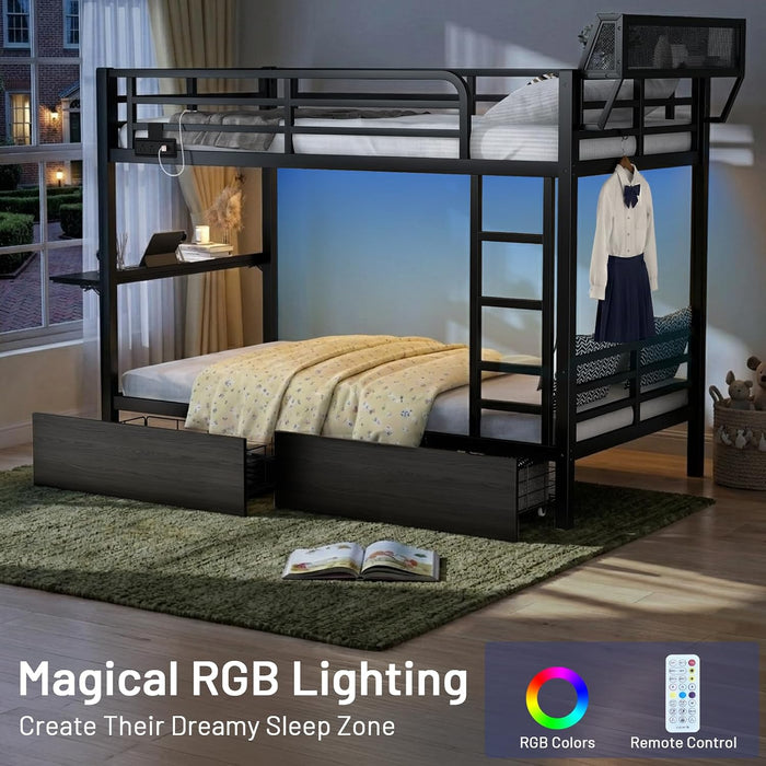 Bunk Bed with Reversible Foldable Desk,Upper Bunk Storage and 2 Storage Drawers Twin XL Bunk Bed with LED Lights and Charging Station,Bunk Beds with Safety Guardrail & 4 Hooks,Space-Saving, Black