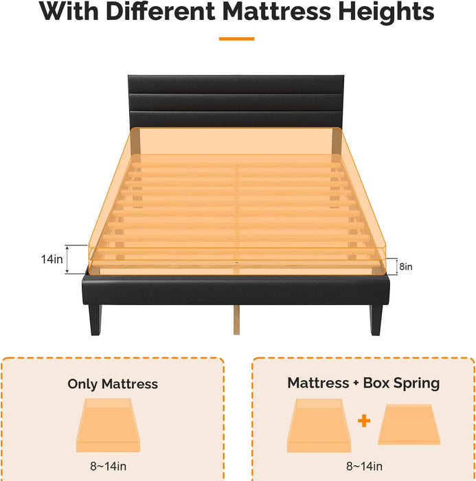 Full Upholstered Bed Frame, Adjustable Headboard, PU Leather Black