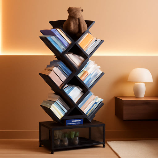 9 Tier Tree Bookshelf,Small Bookcase with Storage Cabinet, Modern Tall Narrow Folding Metal Bookcase，Floor Standing Book Shelf for Bedroom/Living Room/Home Office/Corner,Black