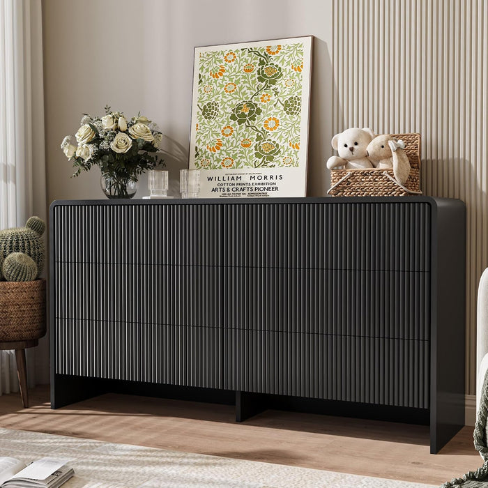 55" Wide Modern Curved 6 Drawer Dresser，Black