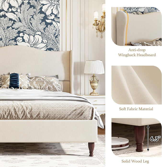 Queen Size Bed Frame Upholstered Platform Bed with 51" Tall Headboard Wingback, Soft Fabric, Retro Simple Style Platform Bed No Box Spring Needed, Easy Assembly, Beige