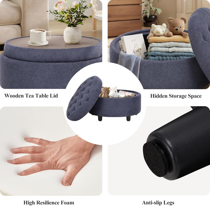 Fabric round Storage Ottoman with Reversible Tray Lid – Multi-Functional Footrest, Hidden Storage, Sturdy & Stylish Small Coffee Table for Living Room, Bedroom, or Entryway(Blue)