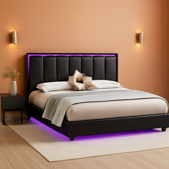Floating Bed Frame Full with LED Lights, Upholstered Floating Bed Frame with Headboard, Solid Wood Slats Support, No Box Spring Needed, Noise-Free, Easy Assembly, Black