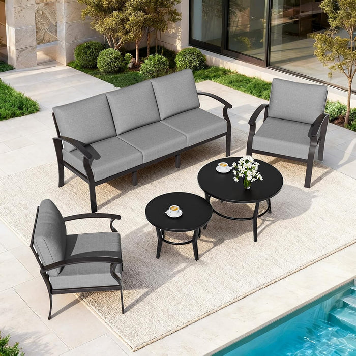 Aluminum Patio Furniture Set with round Coffee Tables, 5-Seat Outdoor Sectional Furniture W/5.1" Cushions, Patio Conversation Set for Porch, Backyard, Poolside-Grey