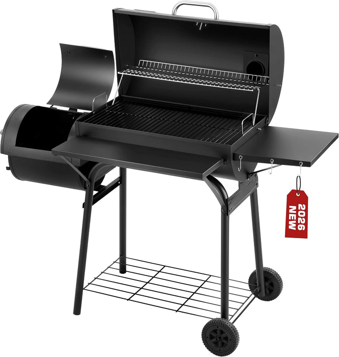 Charcoal Grill Offset Smoker, 744.5 Sq.In Outdoor BBQ Smoker Grill with Side Fire Box, 4-Position Charcoal Pan, Built-In Thermometer, Side Table & Wheels for Backyard Patio Camping
