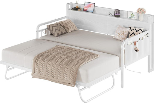 Twin Daybed with Trundle Bed, Storage Headboard with Charging Station, Sofa Day Bed with Strong Supports for Living Room, Bedroom, and Guest Room, White