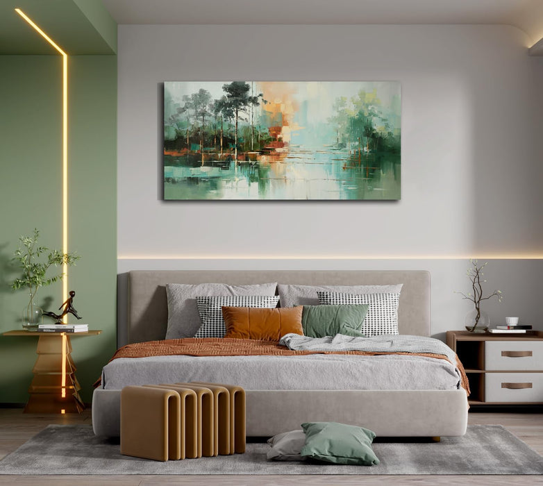 Modern Abstract Landscape Canvas Wall Art 58"X29", Teal Green Forest Lake Picture Textured Painting Artwork Framed for Living Room Bedroom Office Home Decor