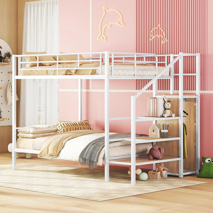 Full over Full Metal Bunk Bed with Storage Ladder and Wardrobe, Modern Iron Bunk Bed Frame with Built-In Shelves and Guardrails for Bedroom, White