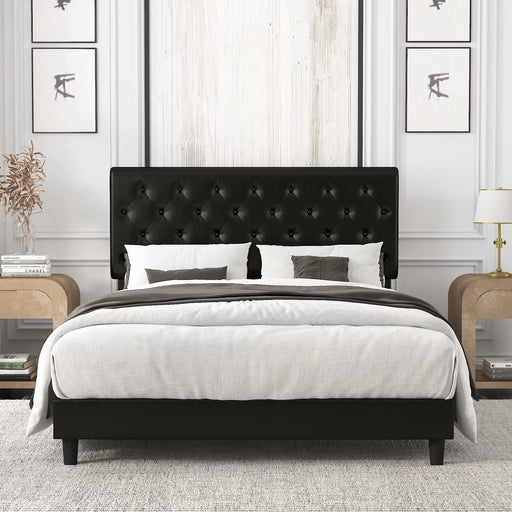 Queen Bed Frame with Headboard, Diamond Button Tufted Style, Black