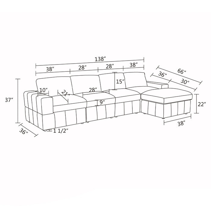 Sectional Sofa, 132" Oversized 4 Seater Couch with Ottoman for Living Room, Corduroy, Gray