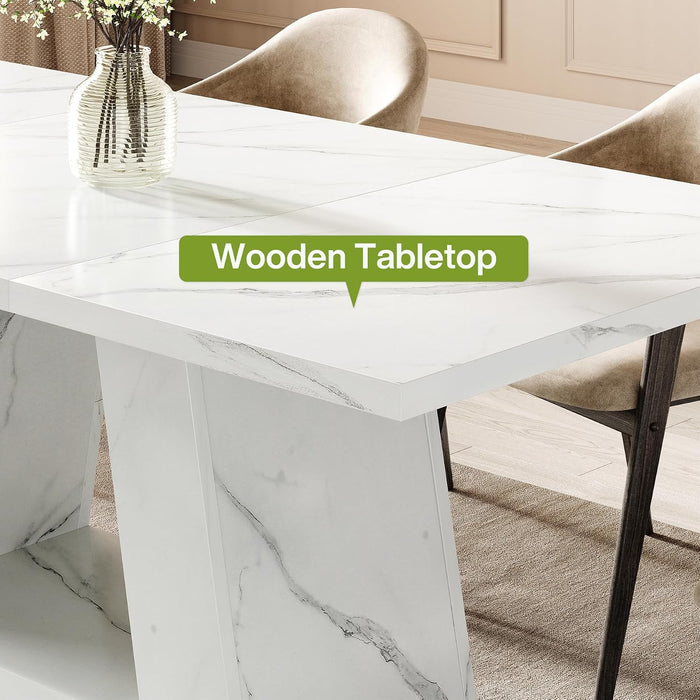 63" Modern Faux Marble Dining Table for 6, Rectangle, White | Kitchen Table, for 4-6 People, MDF, Faux Marble Finish, Heavy Duty Pedestal, for Dining Room, Kitchen, Living Room, White