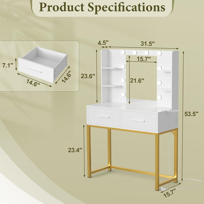 Vanity Desk with Mirror, Makeup Table with 2 Large Drawers, Power Outlet and round Holder, 3 Color Modes Adjustable Bulb, White & Gold