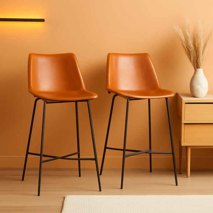 Modern Upholstered Faux Leather Armless Counter Stools with Powder-Coated Steel Base, Set of 2, Whiskey Brown