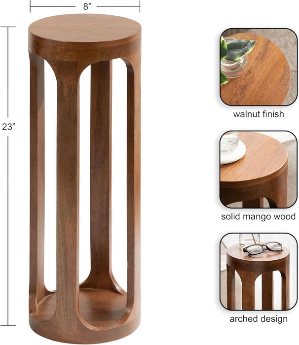 Dahl Wooden round Drink Table; 8 X 23; Walnut Brown; Mid-Century Modern Circle Wood Accent Pedestal Table for Living Room Plant Stand or Small Bedroom Nightstand