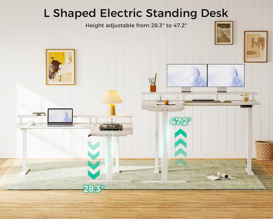 Electric L-Shaped Standing Desk, 59 Inch Height Adjustable Office Desk with Monitor Stand, Sit-Stand Desk with Power Outlets, Large Lift Table for Home, Office, Workstation, White