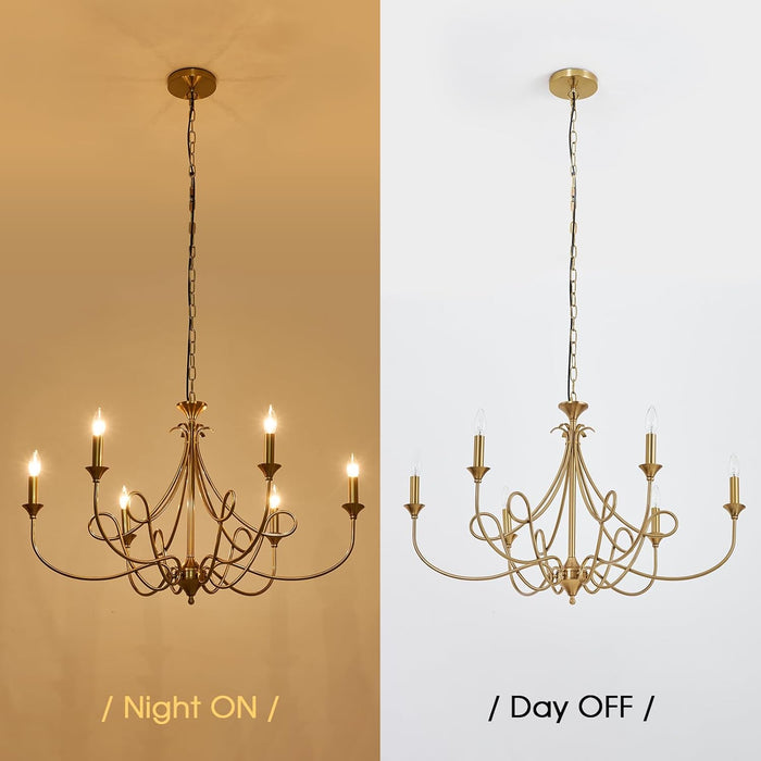 6-Light Modern Chandelier 36.6" Brass Candle Chandeliers Metal Gold Pendant Light Fixture for Dining Room Living Room Kitchen Island Foyer Entryway, E12 Base