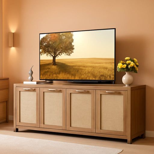 TV Stand for Living Room Boho Entertainment Center for Bedroom with 4 Rattan Cabinets Farmhouse Television Stands with Storage Large Media Console Table for Tvs up to 65 Inch