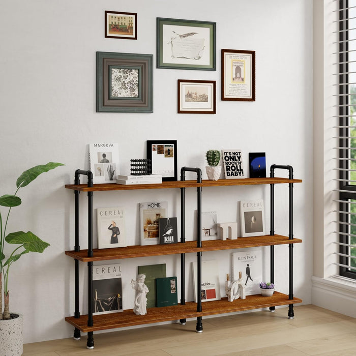 Industrial Bookshelf, Pipe Shelf Bookcase, 3 Tier, 60" Rustic Brown | Solid Pine Shelves, 60 Inch Wide, Black Pipe Frame, 70 Lbs per Shelf, Open Bookcase for Books, Plants, Office
