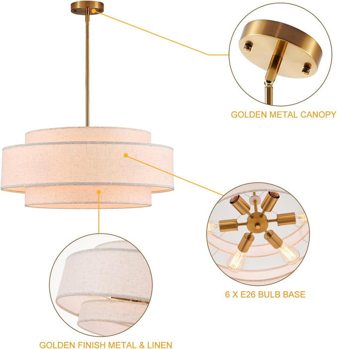 Extraordinary Brushed Gold Drum Chandelier Linen Shade