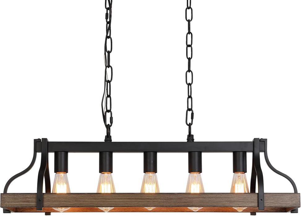 Rustic Kitchen Island Dining Room Light Fixture Farmhouse Linear Chandelier Black and Retro Wood Finish 5-Light Industrial Metal Hanging Pendant Light UL Listed L33.5 W10.6