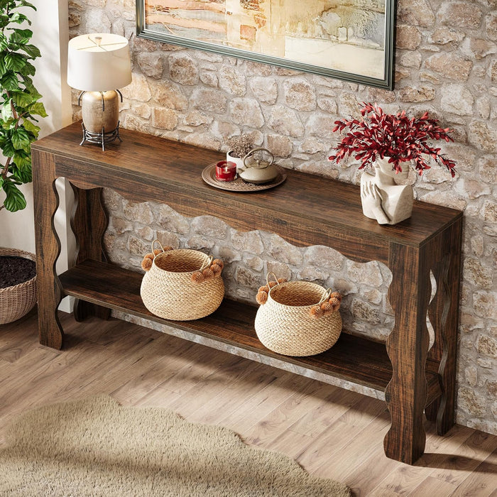 63 Inch Entryway Table, Modern Rustic Entry Table with Scalloped Edge & Storage Shelf, Accent Narrow Long Sofa Table behind Couch Console Tables for Entryway, Living Room, Dark Brown