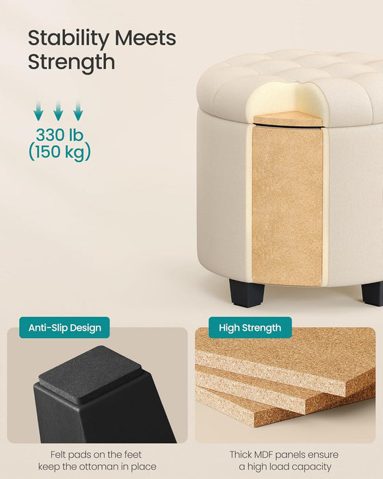 round Ottoman, Ottoman with Storage, 17.7 X 17.7 X 17.5 Inches, Foot Rest with Legs, Linen-Look Fabric, Load up to 330 Lb, for Living Room, Bedroom, Light Beige ULOM011W01