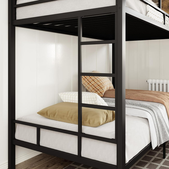 Twin over Twin Bunk Bed with Rustic Wooden Accents, Sturdy Metal Frame, Space-Saving Design, Noise-Free, Black