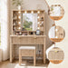 Vanity Desk with Mirror and Lights, Storage Stool Included, Oak | 3 Adjustable Lighting Modes, Charging Station for Vanity