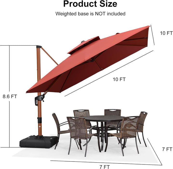 Patio Umbrella 10Ft Double Top Wood-Grain Finish, Brick Red
