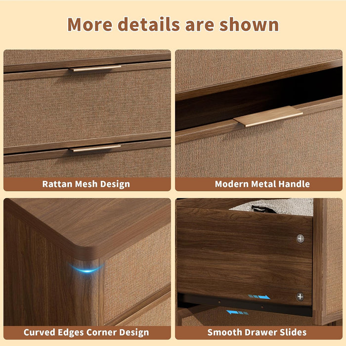 Rattan 6 Drawer Dresser for Bedroom,47.2" Wide,Walnut,Modern Chest of Drawers with 6 Large Storage Space and Curved Edge Design, 6 Drawer Large Dresser for Bedroom