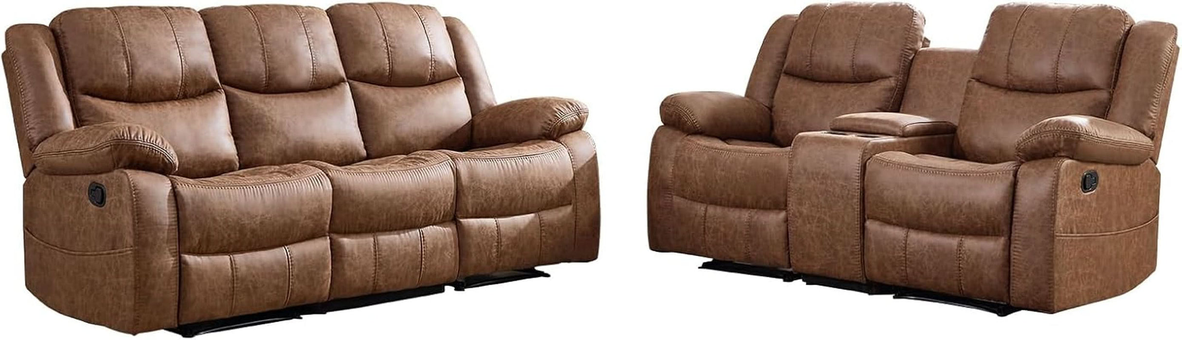 2 Pieces Manual Recliner Sofa Set, Faux Leather Reclining Couch Set for Living Room, Included Loveseat Recliner Couch and 3 Seat Reclining Sofa, Brown