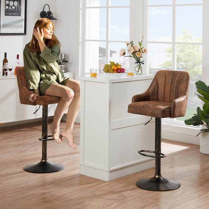 Bar Stools Set of 4, Adjustable Barstools, Counter Height Stools with Back and Arm, Kitchen Island Stools, Swivel PU Chairs for Pub, Dining Room, Industrial Style, Dark Brown