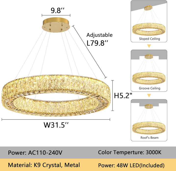 32 Inch Chandelier Glam Dimmable LED Crystal Chandeliers Luxury round Pendant Lighting Fixtures for Dining Room Bedrooms Gold