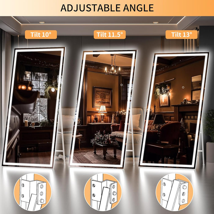 Full Length Mirror with Lights, 71" X 32" LED Lighted Floor Standing, Full Body Dressing Hanging Mounted Mirror, Dimmable, Tempered Glass, Safe to Use, Square White