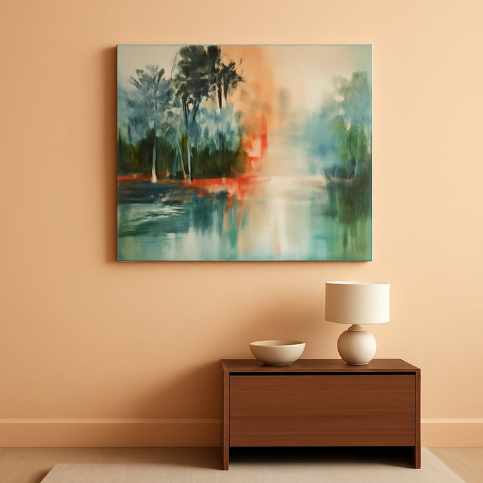 Modern Abstract Landscape Canvas Wall Art 48"X24", Teal Green Forest Lake Picture Textured Painting Artwork Framed for Living Room Bedroom Office Home Decor