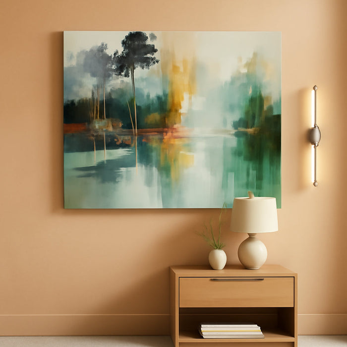 Modern Abstract Landscape Canvas Wall Art 58"X29", Teal Green Forest Lake Picture Textured Painting Artwork Framed for Living Room Bedroom Office Home Decor