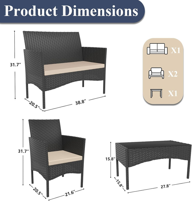 4 Pieces Patio Conversation Set Outdoor Rattan Patio Furniture Set Wicker Chairs with Soft Cushion and Glass Table for Patio, Backyard, Porch, Poolside(Sand)