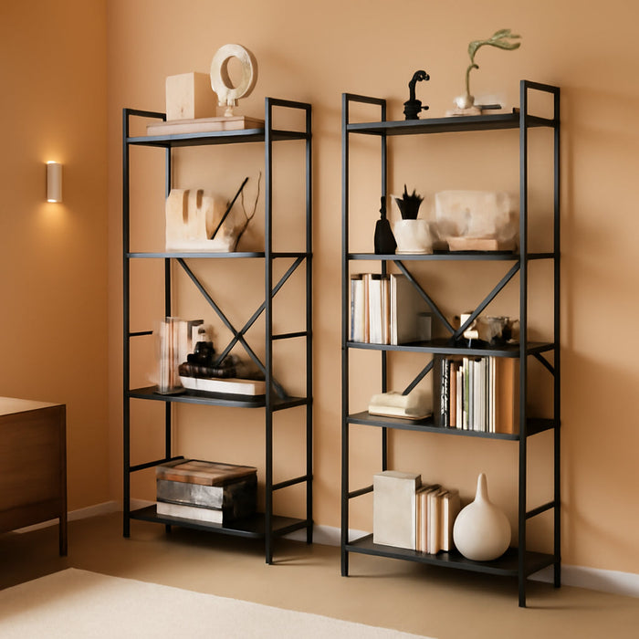 Triple 4/5/6 Tier Bookshelf, Industrial Bookcase with 11/14/17 Open Display Shelves Wide Book Shelf Book Case with Metal Frame for Living Room Home Office (Black, 4 Tier)