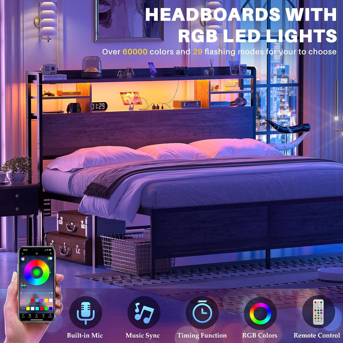 Headboard for Queen Size Bed with Storage, Headboards with LED Light, Power Outlets, USB Ports Queen Size Head Board, Wood Headboard Only Sturdy and Stable Headboards, Modern, Black Oak