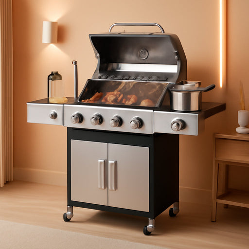 4-Burner Propane Gas Grill with Side Burner, 46,000 BTU Outdoor BBQ Grill with Porcelain-Enameled Cast Iron Grates and Griddle Pan, Built-In Thermometer Stainless Steel Grill for Outdoor Cooking