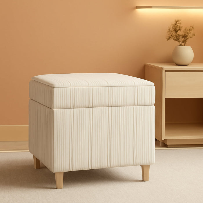 Home Decor Classic Square Storage Ottoman with Lift off Lid | Ottoman with Storage for Living Room & Bedroom, Marigold Pinstripe Cream Fabric