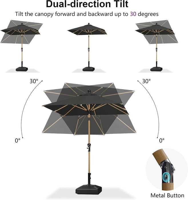 Patio Umbrella with Base 8' X 8' Table Wood-Grain Finish, Black