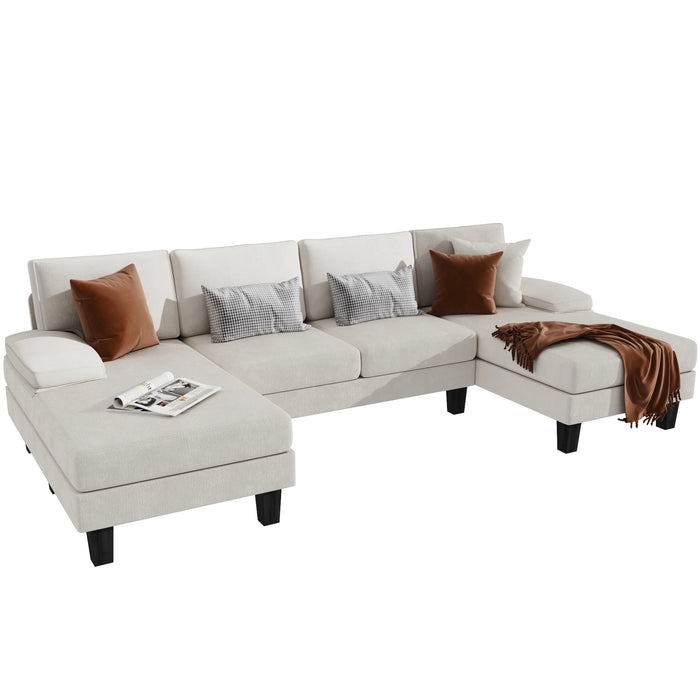 Modern U-Shape Sectional Sofa, Chenille Fabric Modular Couch, 4 Seat Oversized Sofa with Chaise for Living Room, White