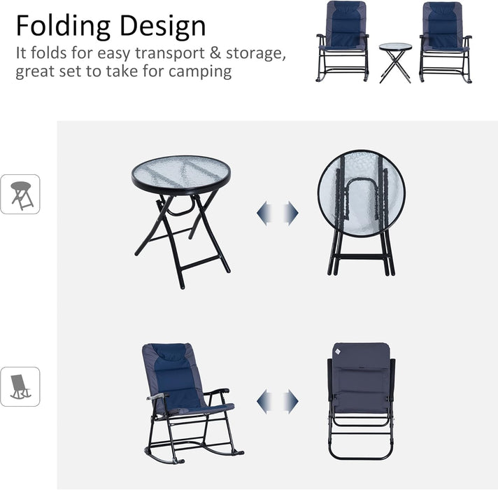 3 Piece Outdoor Patio Furniture Set with Glass Coffee Table & 2 Folding Padded Rocking Chairs, Bistro Style for Porch, Camping, Balcony, Navy Blue