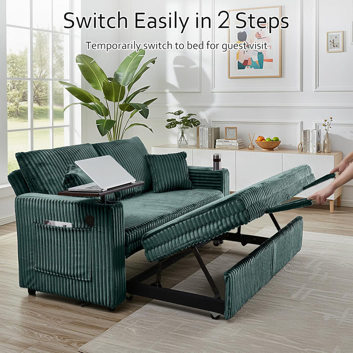 65Inch Sleeper Sofa Bed CorduroyFabric Emerald Green